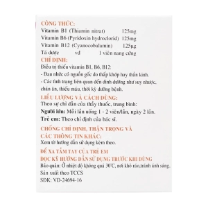 Betalgine Nadyphar 10 vỉ x 10 viên (Vitamin B1 + Vitamin B6 + Vitamin B12)