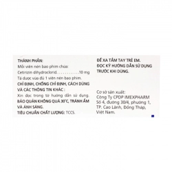 Cetirizin 10mg Imexpharm, 10 vỉ x 10 viên Cetirizin 10mg Imexpharm, 10 vỉ x 10 viên