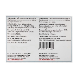 Claxitapc 500mg Ampharco U.S.A 1 vỉ x 7 viên (Clarithromycin)