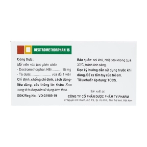 Dextromethorphan 15 TV.Pharm 10 vỉ x 10 viên (Dextromethorphan)