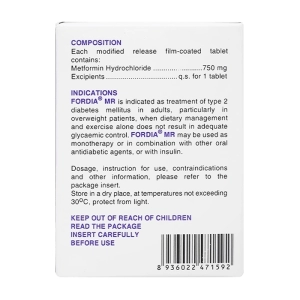 Fordia MR 750mg United International Pharma 6 vỉ x 10 viên (Metformin hydroclorid)