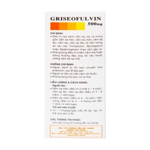 Griseofulvin 500mg Vidipha 2 vỉ x 10 viên Griseofulvin 500mg Vidipha 2 vỉ x 10 viên
