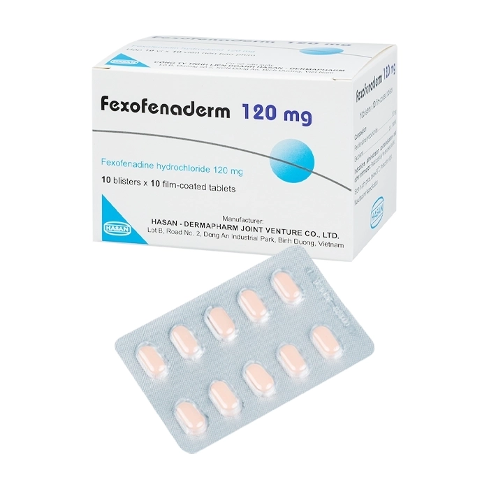 Fexofenaderm 120mg Hasan 10 vỉ x 10 viên Fexofenaderm 120mg Hasan 10 vỉ x 10 viên