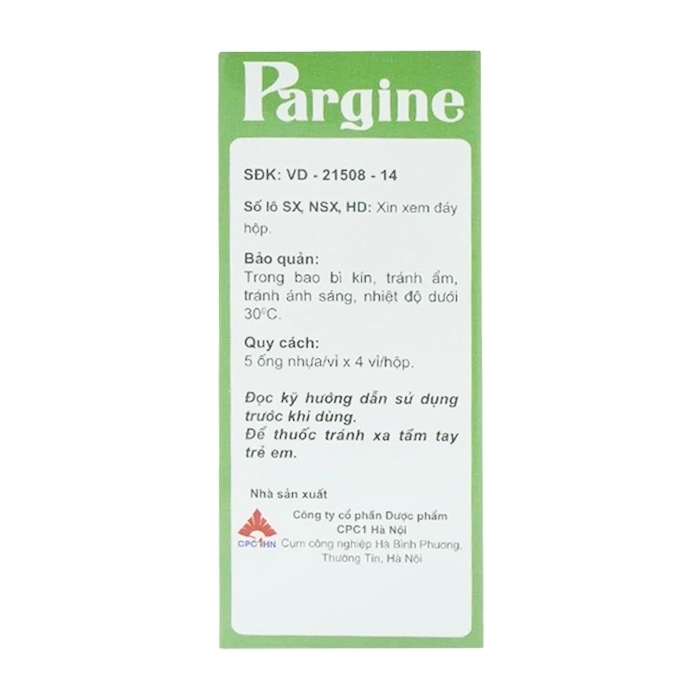 Pargine 1000mg/10ml CPC1 Hà Nội 4 vỉ x 5 ống x 10ml Pargine 1000mg/10ml CPC1 Hà Nội 4 vỉ x 5 ống x 10ml