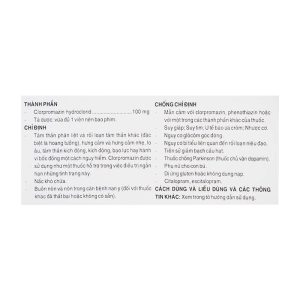 Clorpromazin 100mg Pharmedic 10 vỉ x 10 viên Clorpromazin 100mg Pharmedic 10 vỉ x 10 viên