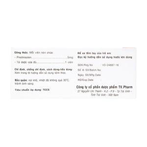 Prednisolone 5mg TV.Pharm 10 vỉ x 20 viên