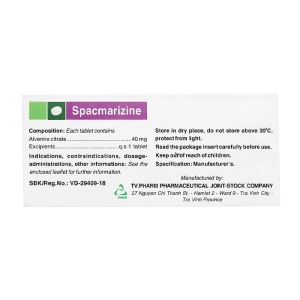 Spacmarizine 40mg TV.Pharm 20 vỉ x 15 viên (Alverin)