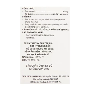 Diurefar 40 Pharmedic 10 vỉ x 12 viên