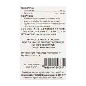 Diurefar 40 Pharmedic 10 vỉ x 12 viên