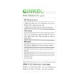 Ginkgo Natto With Coenzyme Q10 Phúc Vinh 10 vỉ x 10 viên - Hỗ trợ tuần hoàn máu não