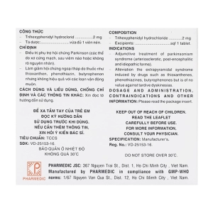 Trihexyphenidyl 2mg Pharmedic 5 vỉ x 20 viên Trihexyphenidyl 2mg Pharmedic 5 vỉ x 20 viên
