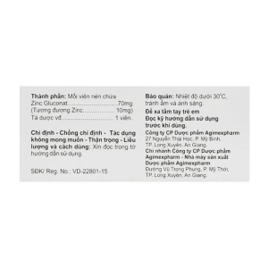 Zinc 10 Agimexpharm 10 vỉ x 10 viên