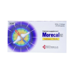 Viên uống bổ sung Morecal Calcium carbonate 750mg, Cholecalciferol - 0,1mg, Hộp 20 vỉ x 5 viên Viên uống bổ sung Morecal Calcium carbonate 750mg, Cholecalciferol - 0,1mg, Hộp 20 vỉ x 5 viên