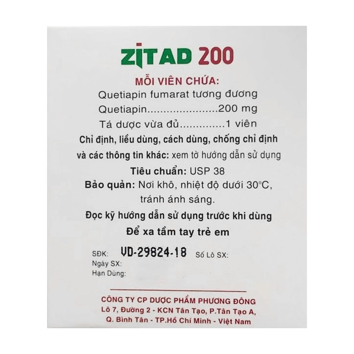 Zitad 200 Phương Đông 10 vỉ x 10 viên (Quetiapine) Zitad 200 Phương Đông 10 vỉ x 10 viên (Quetiapine)